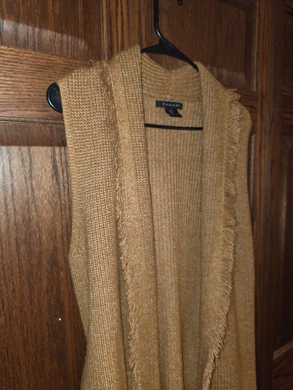 Tahari Mustard Fringe-Trim Open-Front Sweater Vest